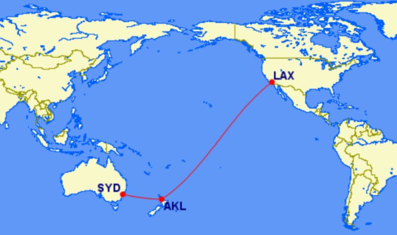 Карта маршрута Сидней-Окленд-Лос-Анджелес авиакомпании Air New Zealand